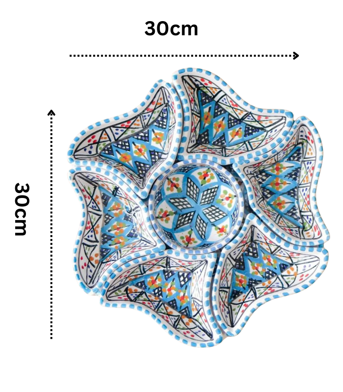 Moroccan Ceramic Serving Set, Hand-Painted Flower Design, 8-Piece