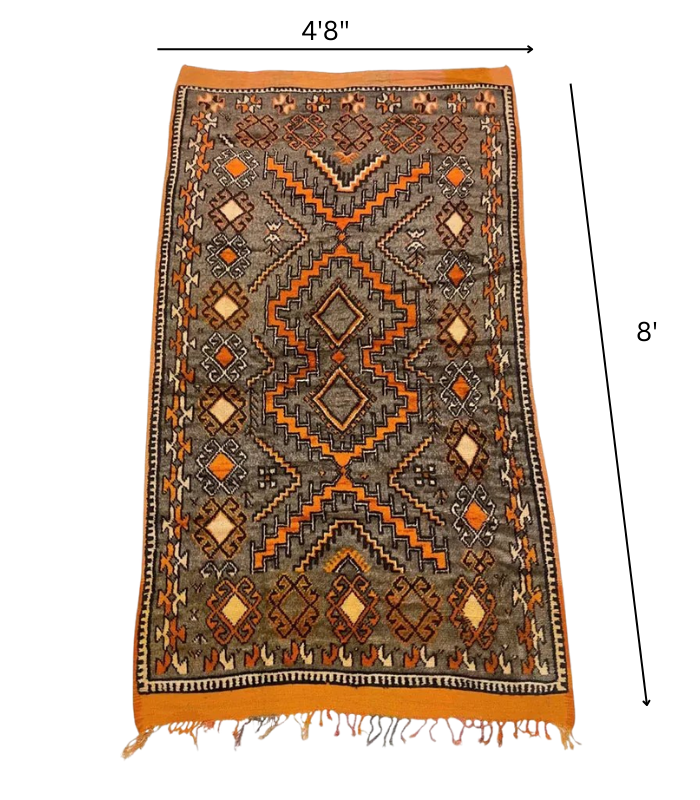 Moroccan Ait Ouaouzguite Wool Rug – 4 ft 8 in × 8 ft, Dark Grey & Orange