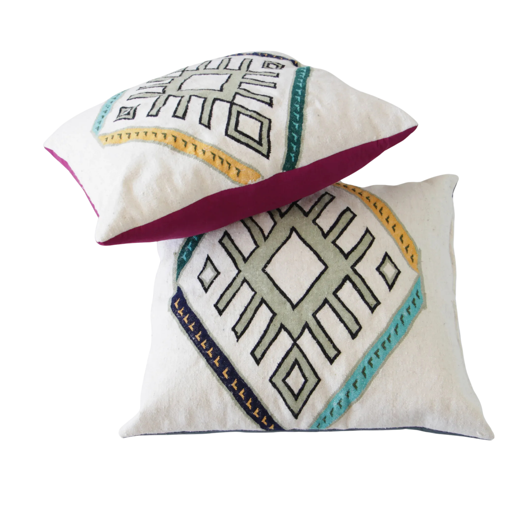 Moroccan Geometric Wool Pillow Cover – White Woven Front, Fuchsia Cotton Back
