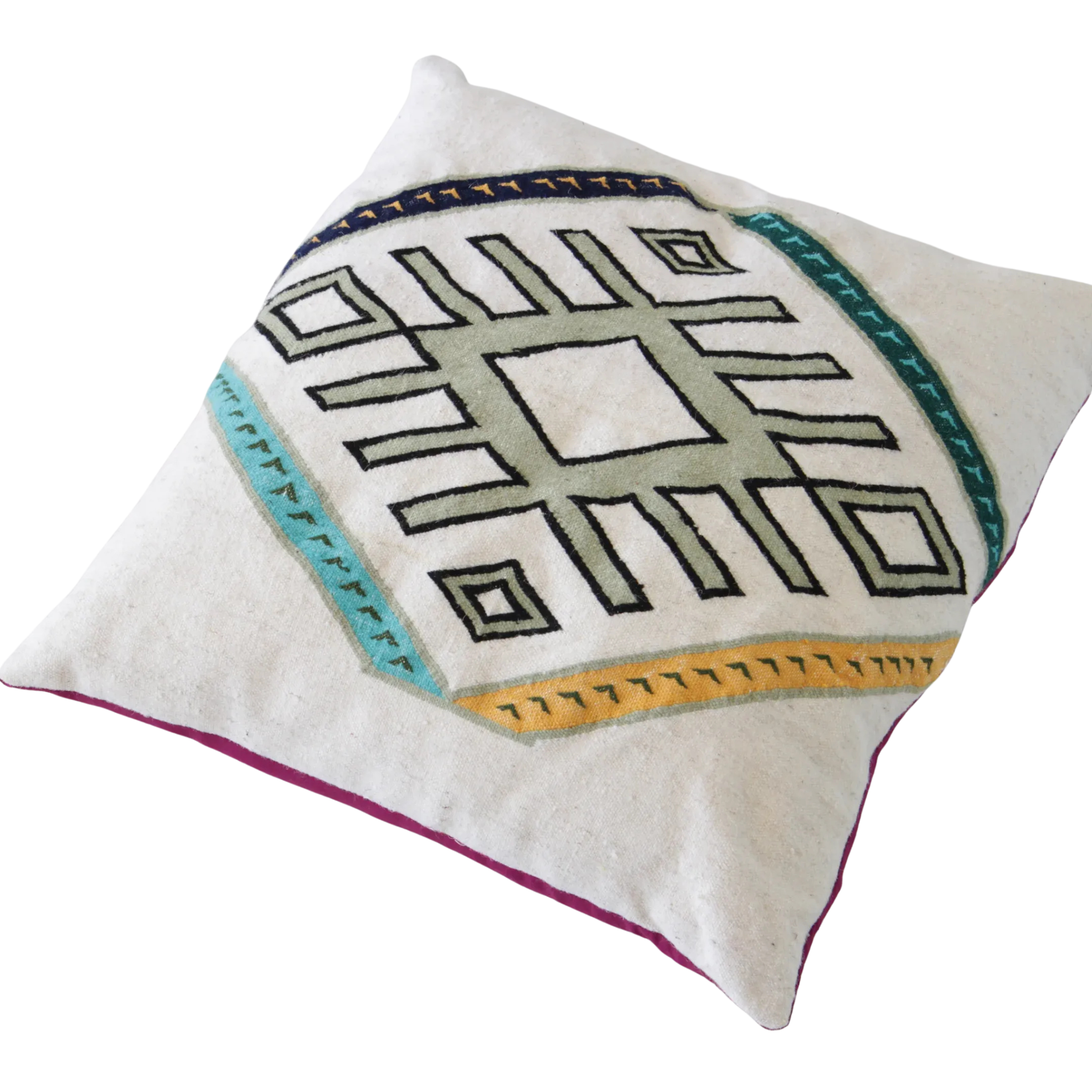 Moroccan Geometric Wool Pillow Cover – White Woven Front, Fuchsia Cotton Back