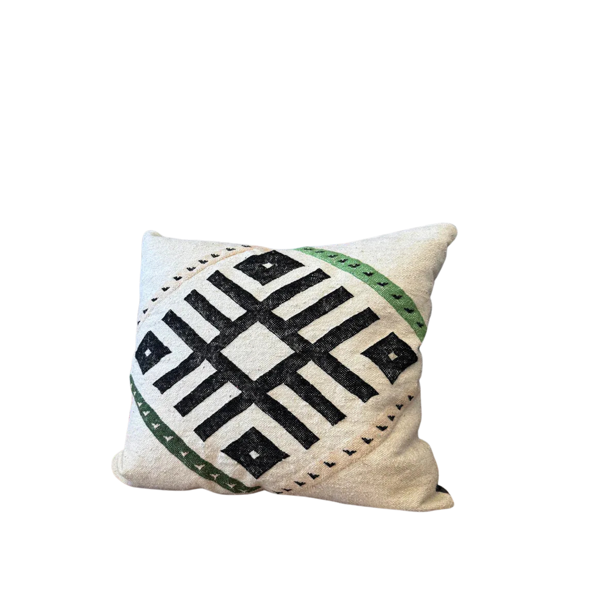 Moroccan Geometric Lumbar Pillow – Black, White & Green, 18" x 20"