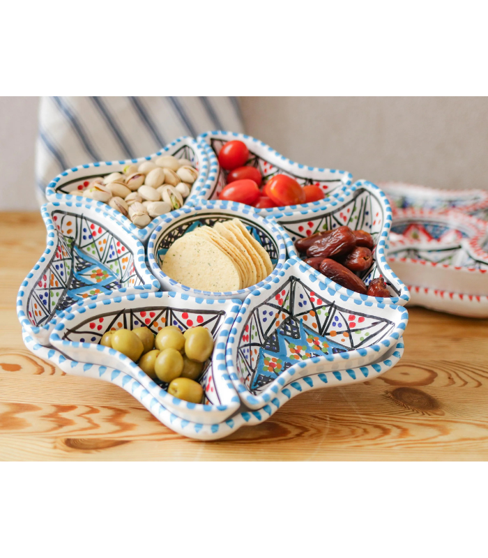 Moroccan Ceramic Serving Set, Hand-Painted Flower Design, 8-Piece