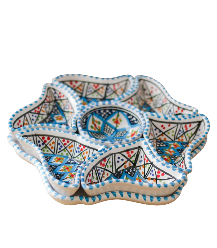 Moroccan Ceramic Serving Set, Hand-Painted Flower Design, 8-Piece