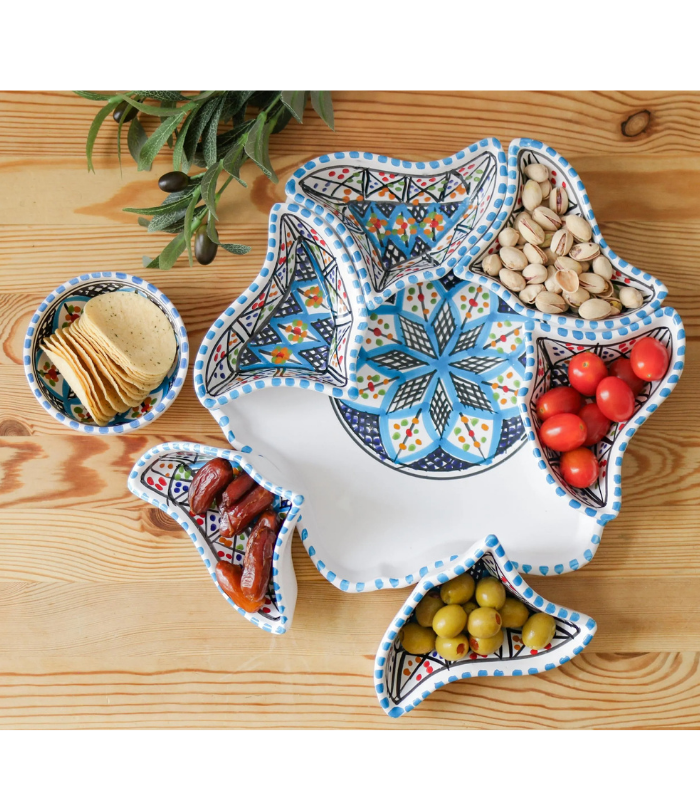 Moroccan Ceramic Serving Set, Hand-Painted Flower Design, 8-Piece