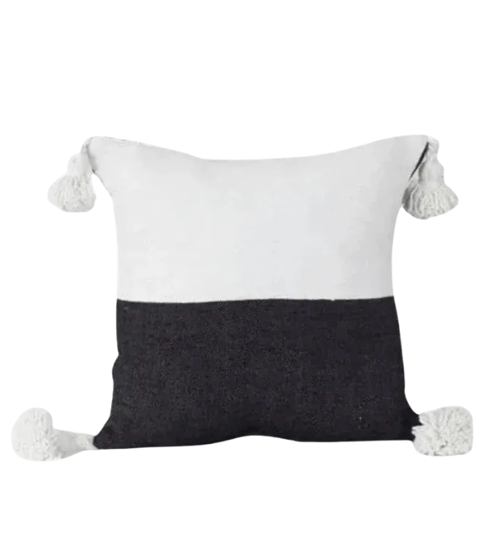 Moroccan Wool Pom-Pom Cushion Cover – White and Black - cooperativeatma