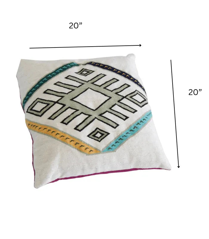Moroccan Geometric Wool Pillow Cover – 20 in × 20 in, White & Fuchsia