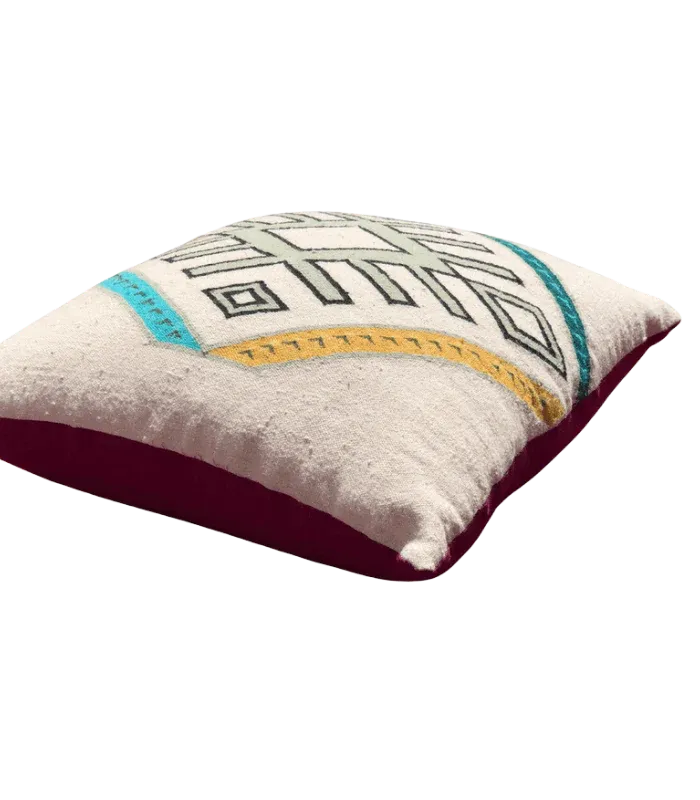 Moroccan Geometric Wool Pillow Cover – White Woven Front, Fuchsia Cotton Back - cooperativeatma