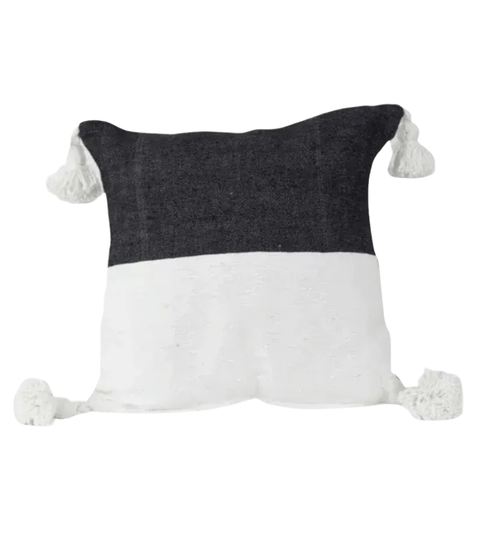 Moroccan Wool Pom-Pom Cushion Cover – White and Black - cooperativeatma