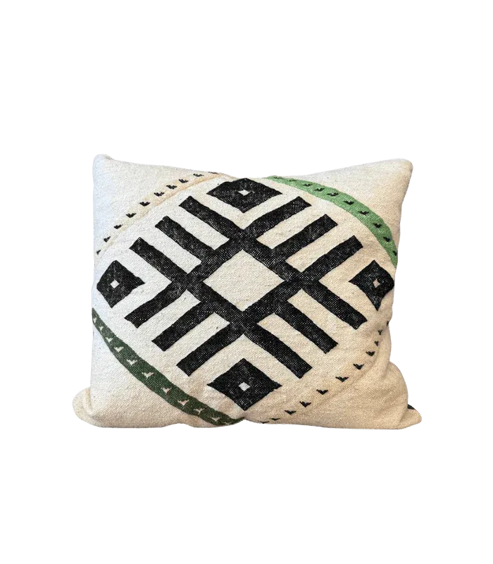 Moroccan Geometric Lumbar Pillow – Black, White & Green, 18" x 20" - cooperativeatma
