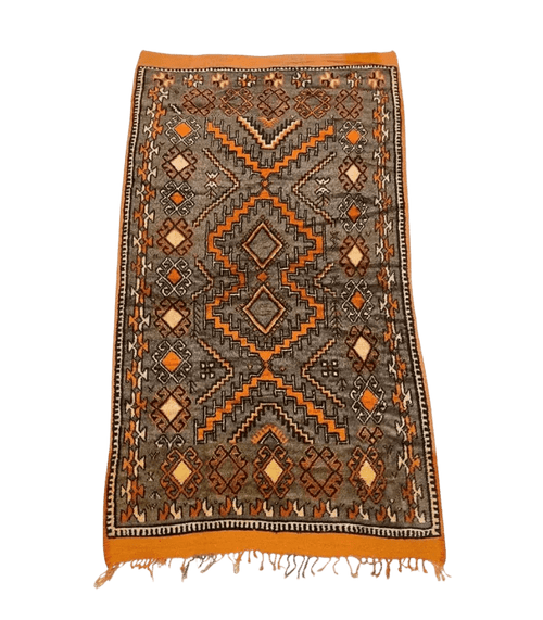 Moroccan Ait Ouaouzguite Wool Rug – 4 ft 8 in × 8 ft, Dark Grey & Orange - Cooperative Atma
