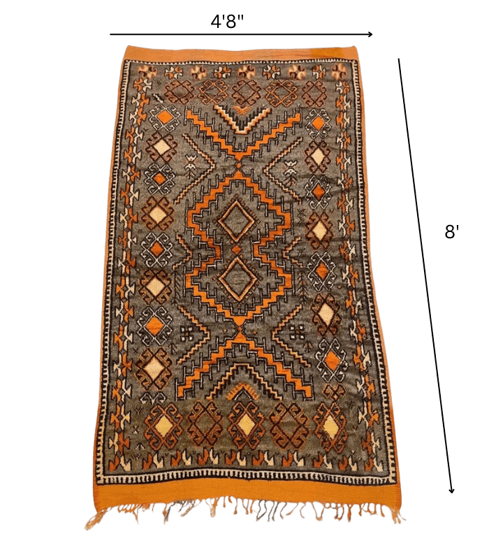 Moroccan Ait Ouaouzguite Wool Rug – 4 ft 8 in × 8 ft, Dark Grey & Orange - Cooperative Atma