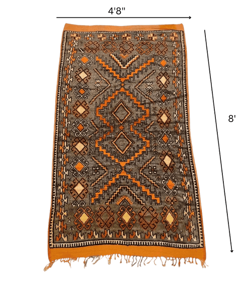Moroccan Ait Ouaouzguite Wool Rug – 4 ft 8 in × 8 ft, Dark Grey & Orange - Cooperative Atma