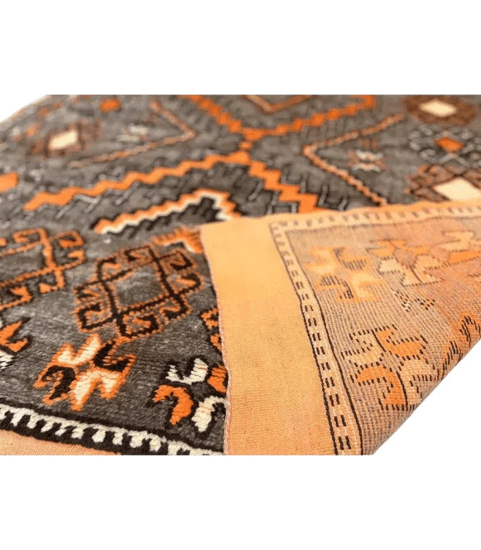 Moroccan Ait Ouaouzguite Wool Rug – 4 ft 8 in × 8 ft, Dark Grey & Orange - Cooperative Atma