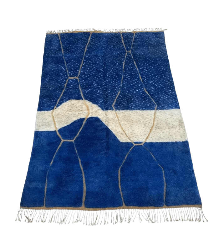 Moroccan Beni Mrirt Wool Rug – 7 ft 6 in × 10 ft 2 in, Blue & White - Cooperative Atma