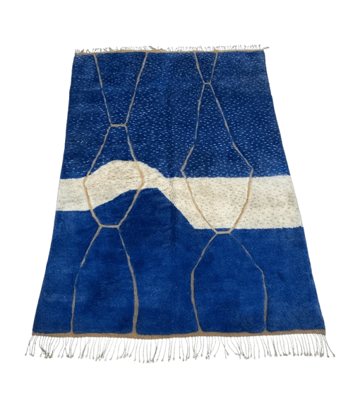 Moroccan Beni Mrirt Wool Rug – 7 ft 6 in × 10 ft 2 in, Blue & White - Cooperative Atma