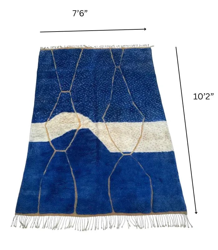 Moroccan Beni Mrirt Wool Rug – 7 ft 6 in × 10 ft 2 in, Blue & White - Cooperative Atma