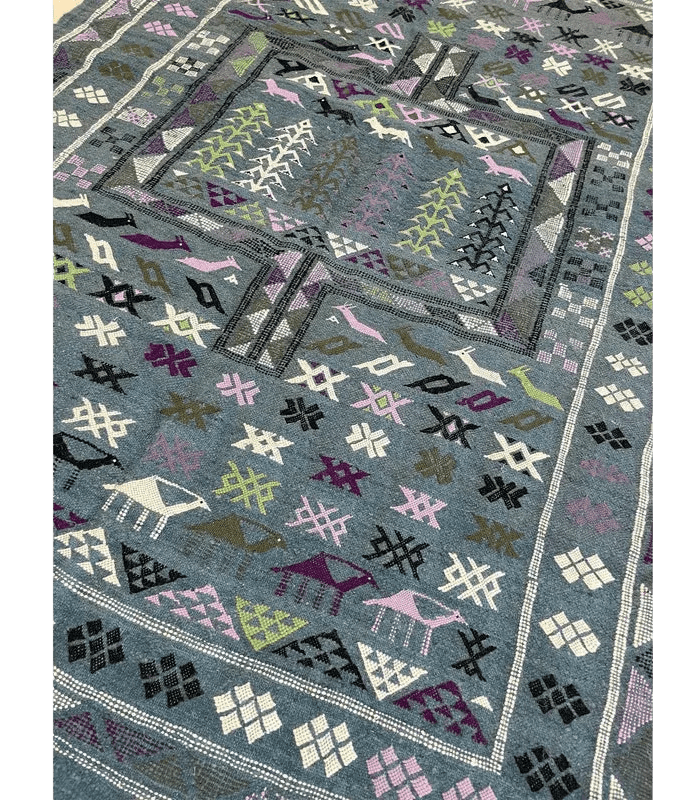 Moroccan Boujad Flatweave Wool Rug, 4 ft 1 in × 5 ft 11 in Blue, Purple & Green - Cooperative Atma
