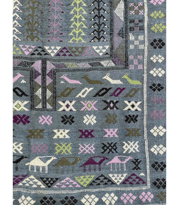 Moroccan Boujad Flatweave Wool Rug, 4 ft 1 in × 5 ft 11 in Blue, Purple & Green - Cooperative Atma