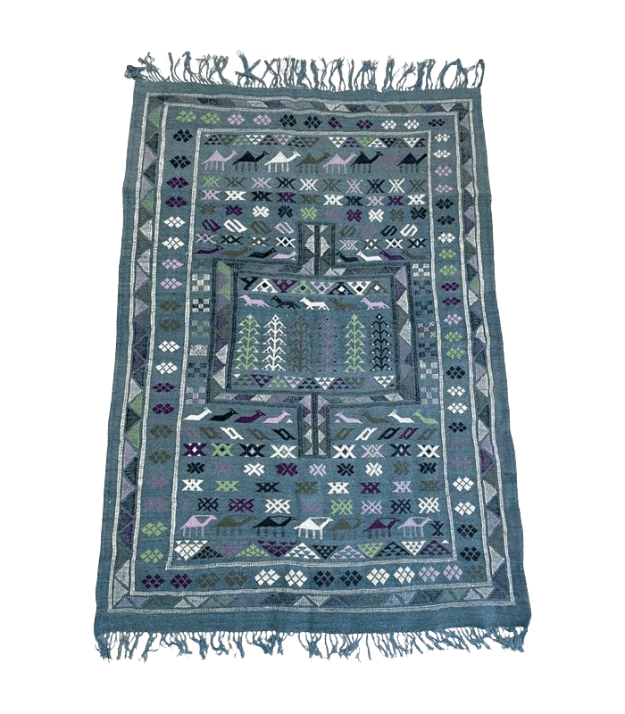 Moroccan Boujad Flatweave Wool Rug, 4 ft 1 in × 5 ft 11 in Blue, Purple & Green - Cooperative Atma