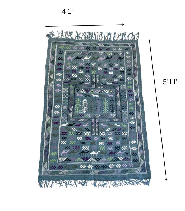 Moroccan Boujad Flatweave Wool Rug, 4 ft 1 in × 5 ft 11 in Blue, Purple & Green - Cooperative Atma